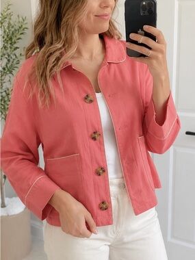 Kensie Linen Blend Cropped Shacket Piped Shirt Jacket Coral Chore Utility Artsy